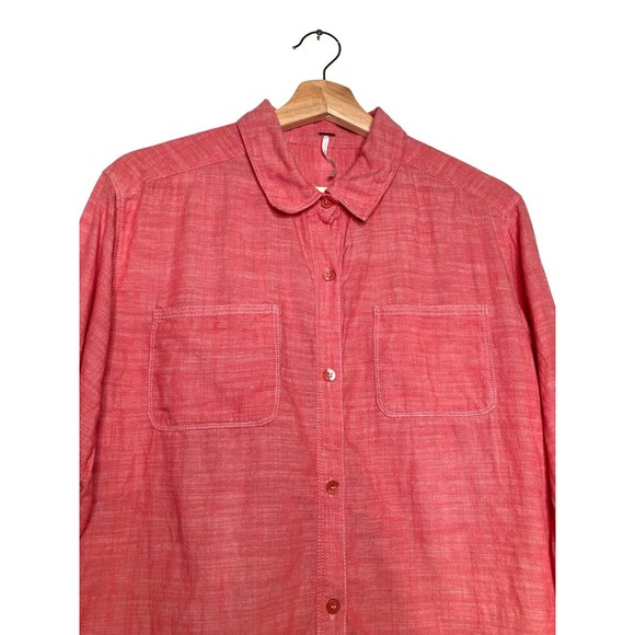 Free People Slubby Road Trip Lace Crochet Back Button Down Shirt Size Small Pink - Picture 3 of 10